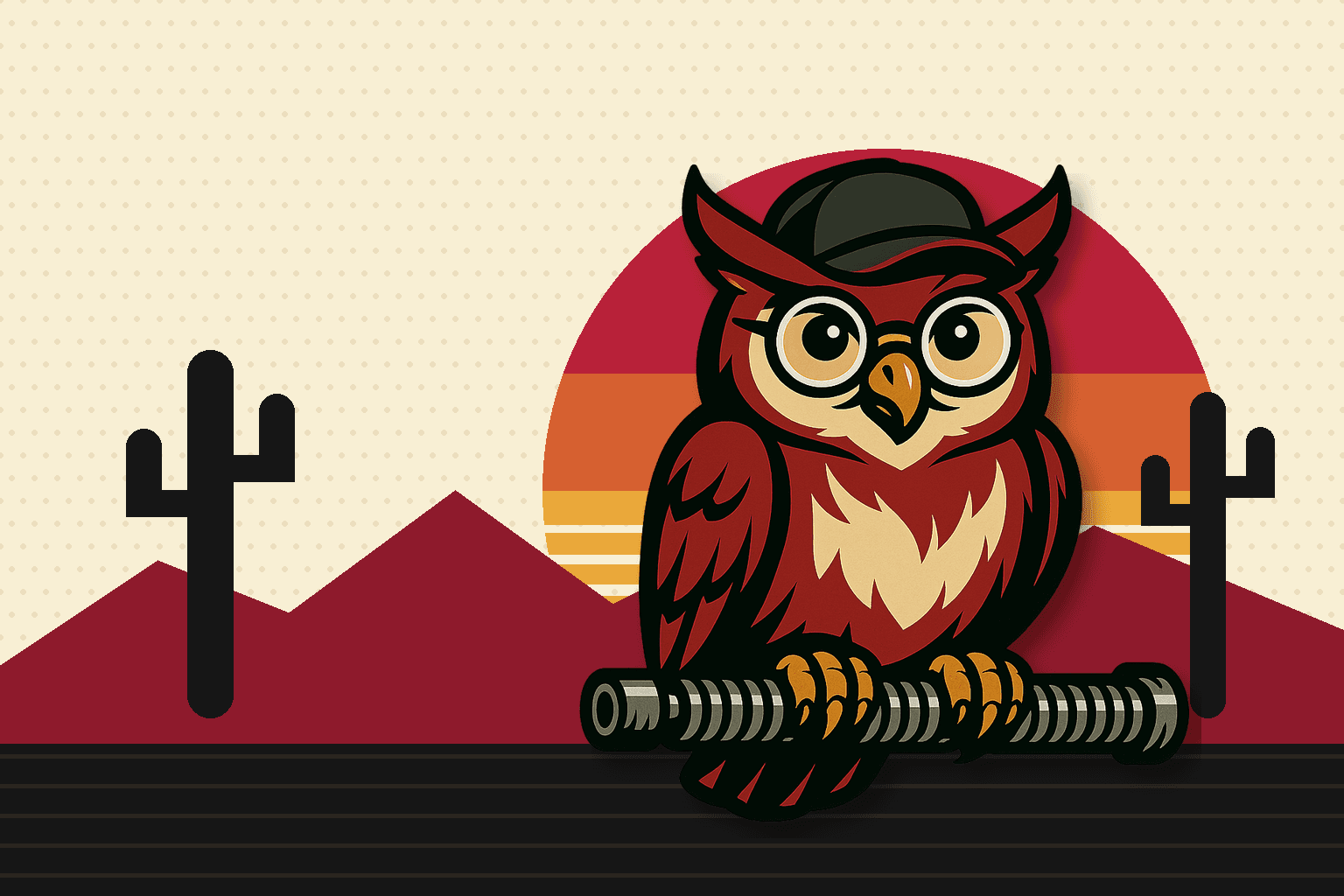 Garage Gurus owl mascot perched on a garage door spring in front of a desert sunset